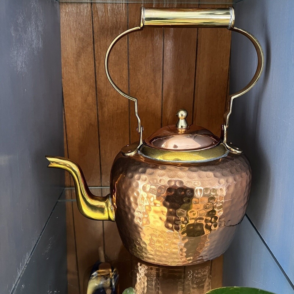 Antique hand-Hammered Copper Tea Kettle pot coffee brass details Gooseneck CLEAN - Picture 3 of 12